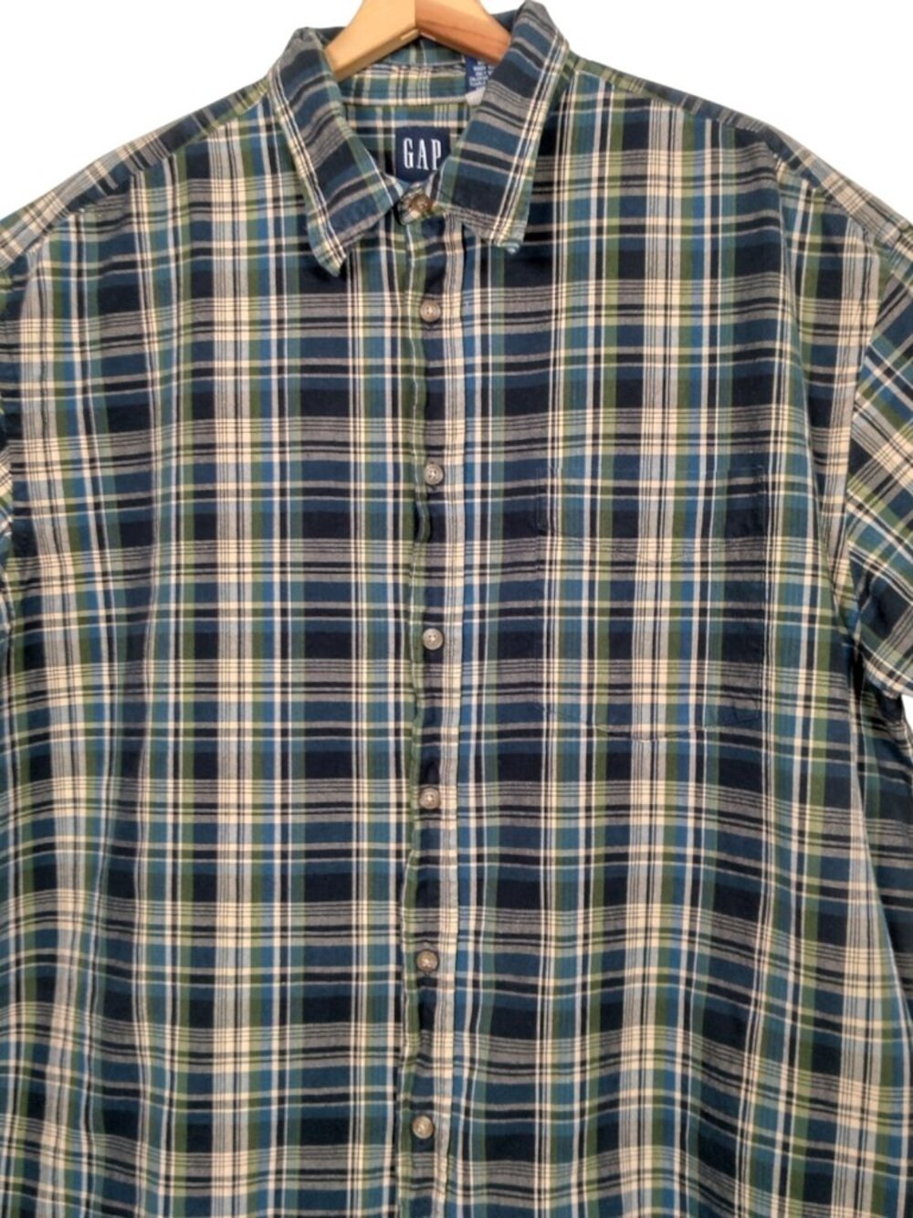 Vintage 1990s GAP Shirt Large Madras Plaid Green Blue Short Slv Grunge Preppy - Picture 2 of 10